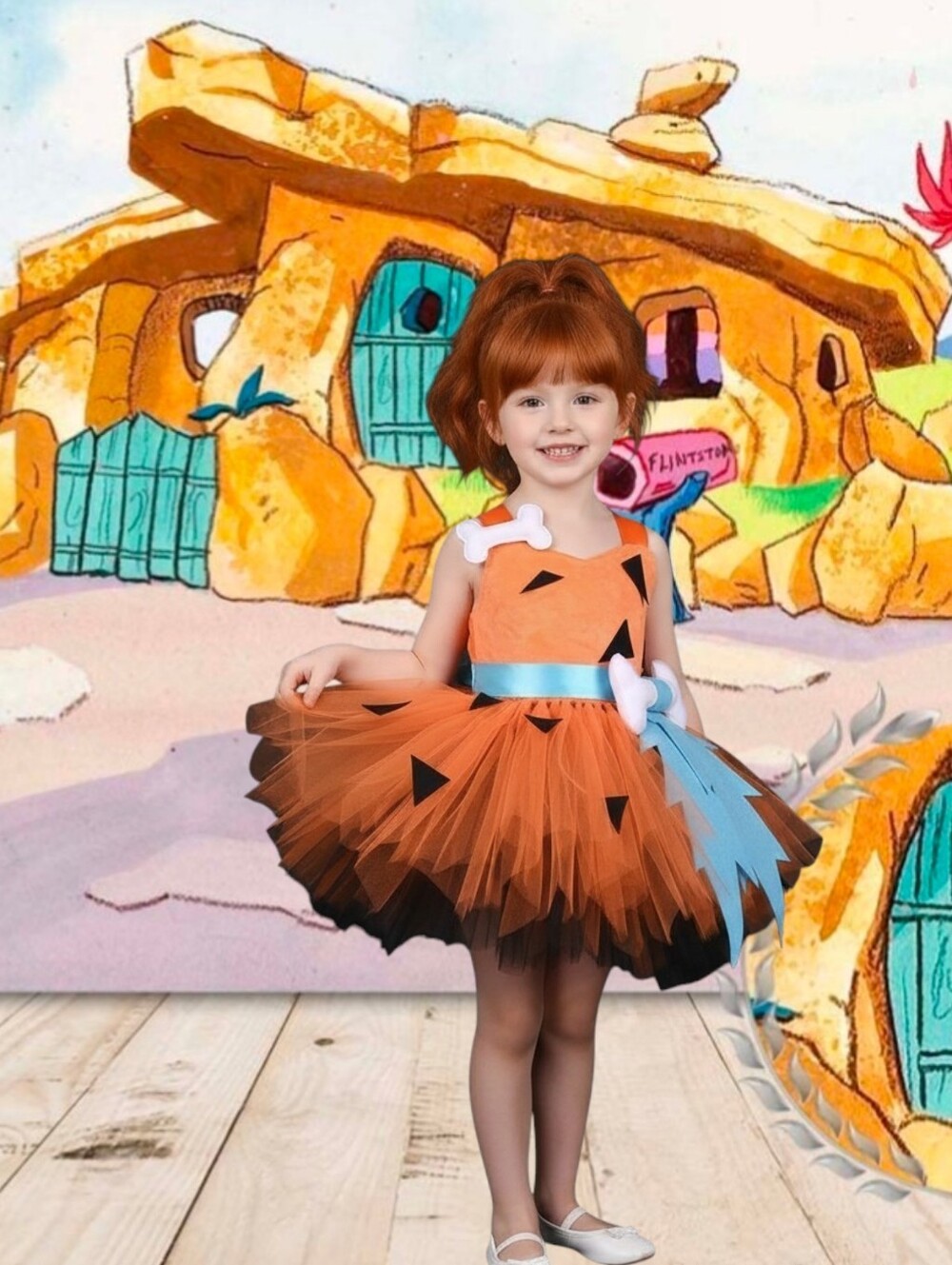 Kids Orange Flintstone-Inspired Tulle Costume Dress with Blue Sash